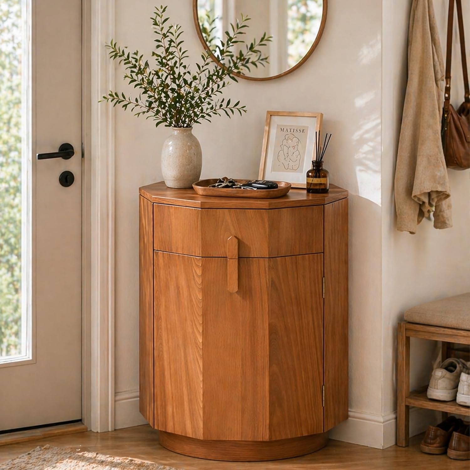 Ahokua Modern Octagonal End Table with Drawer and Cabinet, 19.7" Wide Side Table with Door Storage Rack, Modern Small Nightstand for Bedroom, Living Room or Entryway, Natural Wood