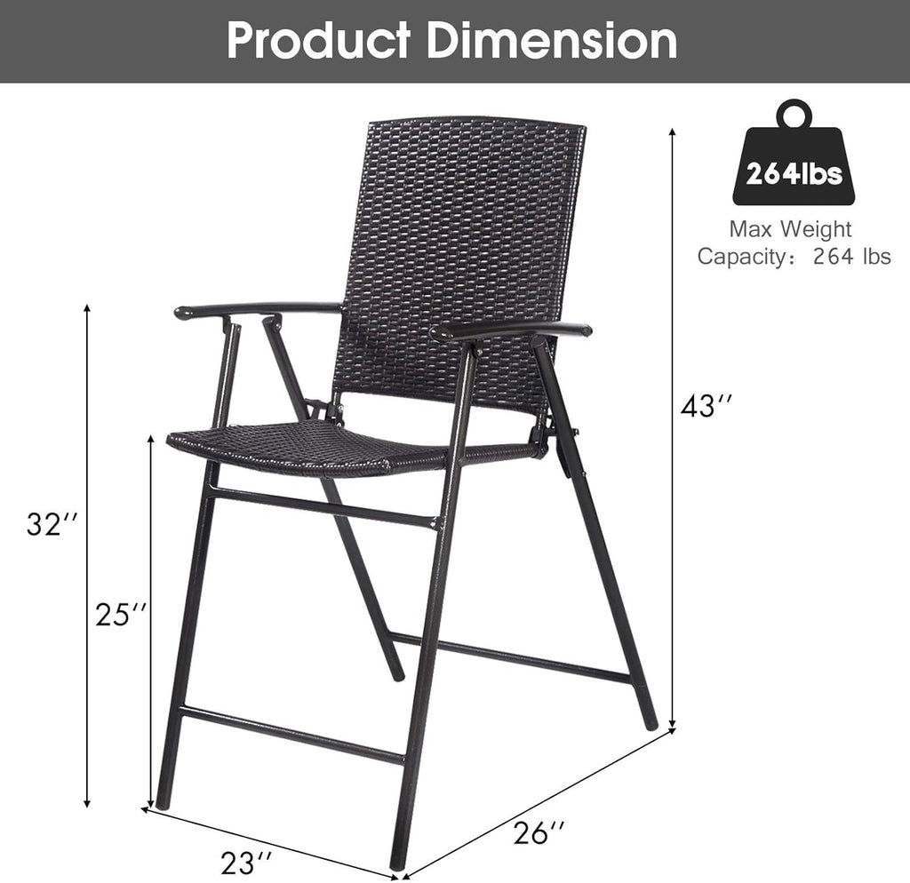 Casart Folding Wicker Rattan Bar Chairs Set of 4, Tall Stool with Back, Steel Frame, Armrests and Footrest, Bar Stools Garden Patio Furniture Set