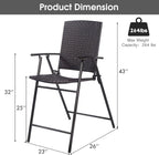 Casart Folding Wicker Rattan Bar Chairs Set of 4, Tall Stool with Back, Steel Frame, Armrests and Footrest, Bar Stools Garden Patio Furniture Set
