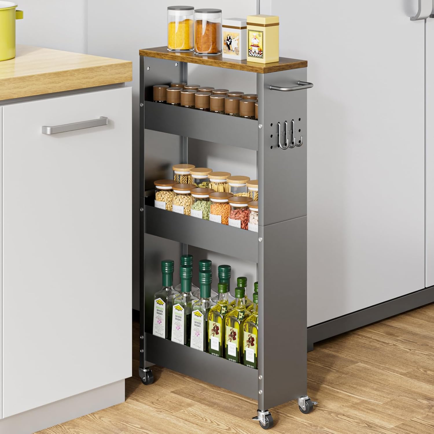 XYZLVSI Slim Storage Cart, 4 Tier Rolling Kitchen Cart on Wheels for Small Space, Narrow Laundry Bathroom Organizers Mobile Shelving Unit Metal Utility Cart with Handle, 5.9in Width, Gray