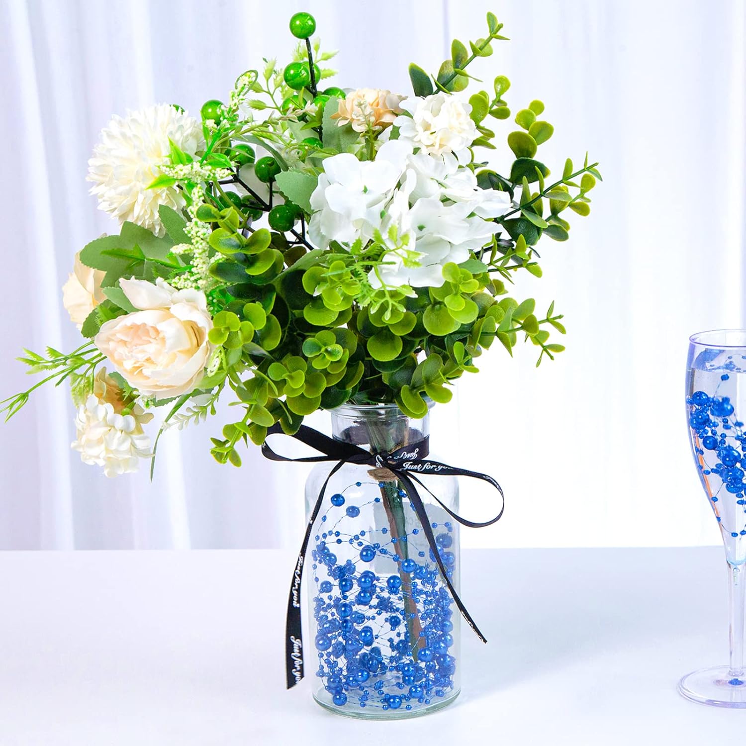 DomeStar 36 PCS Blue Pearl Strings for Floating Candle, Artificial Beads Strings Blue Faux Pearls Vase Fillers for Wedding Table Centerpiece DIY Garland