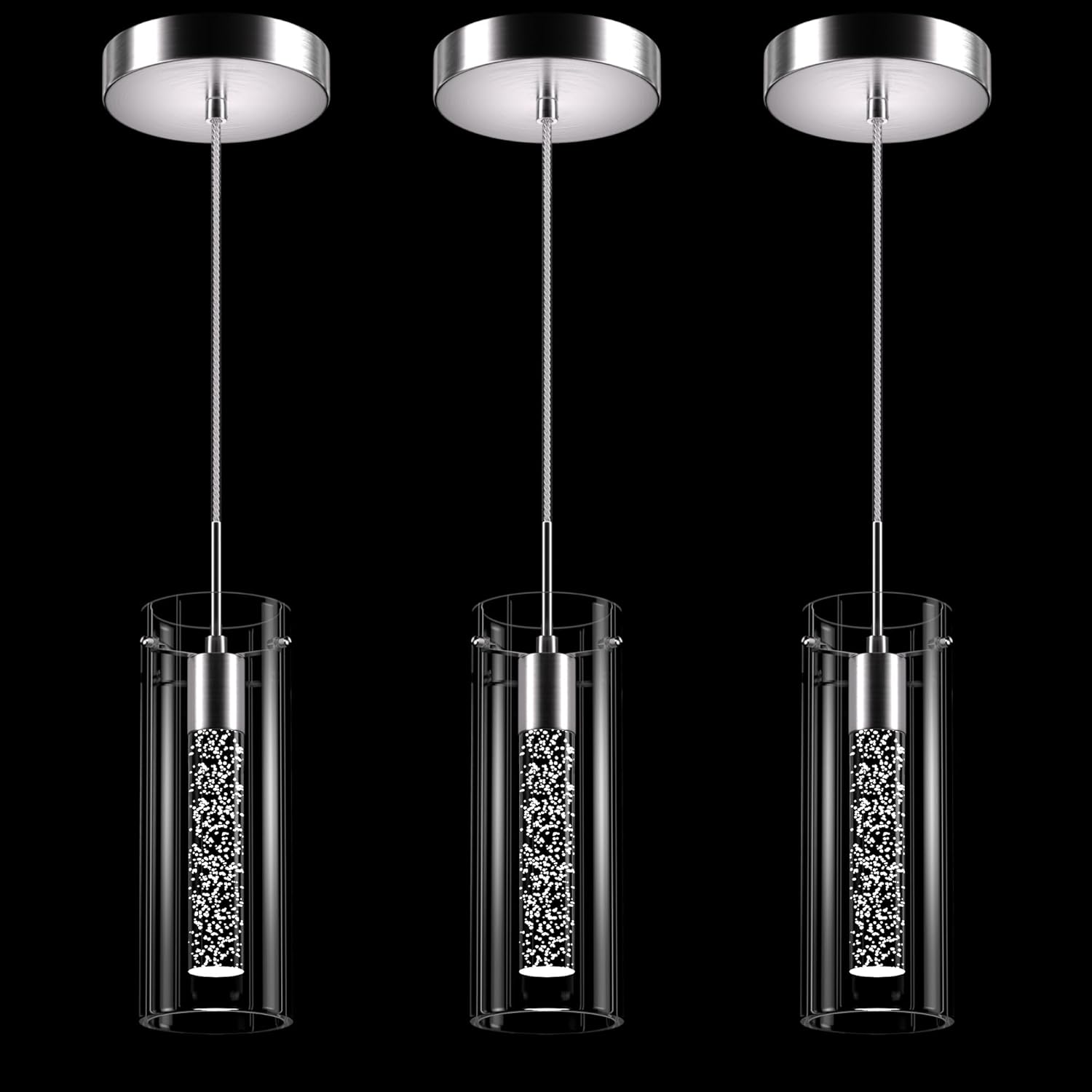 Pendant Ceiling Light Fixture, LED Kitchen Lighting Crystal Pendant Lights Kitchen Island, 1-Light Integrated Kitchen Hanging Light Fixture Modern Island Light with Bubble Glass Three Pack