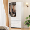 VOWNER 71" Tall Armoire Wardrobe Closet with Drawers and Mirror | Clothing Storage Cabinet with Hanging Rod, 2 Doors Wooden Wardrobe Cabinet for Bedroom, Large Capacity Storage (White)