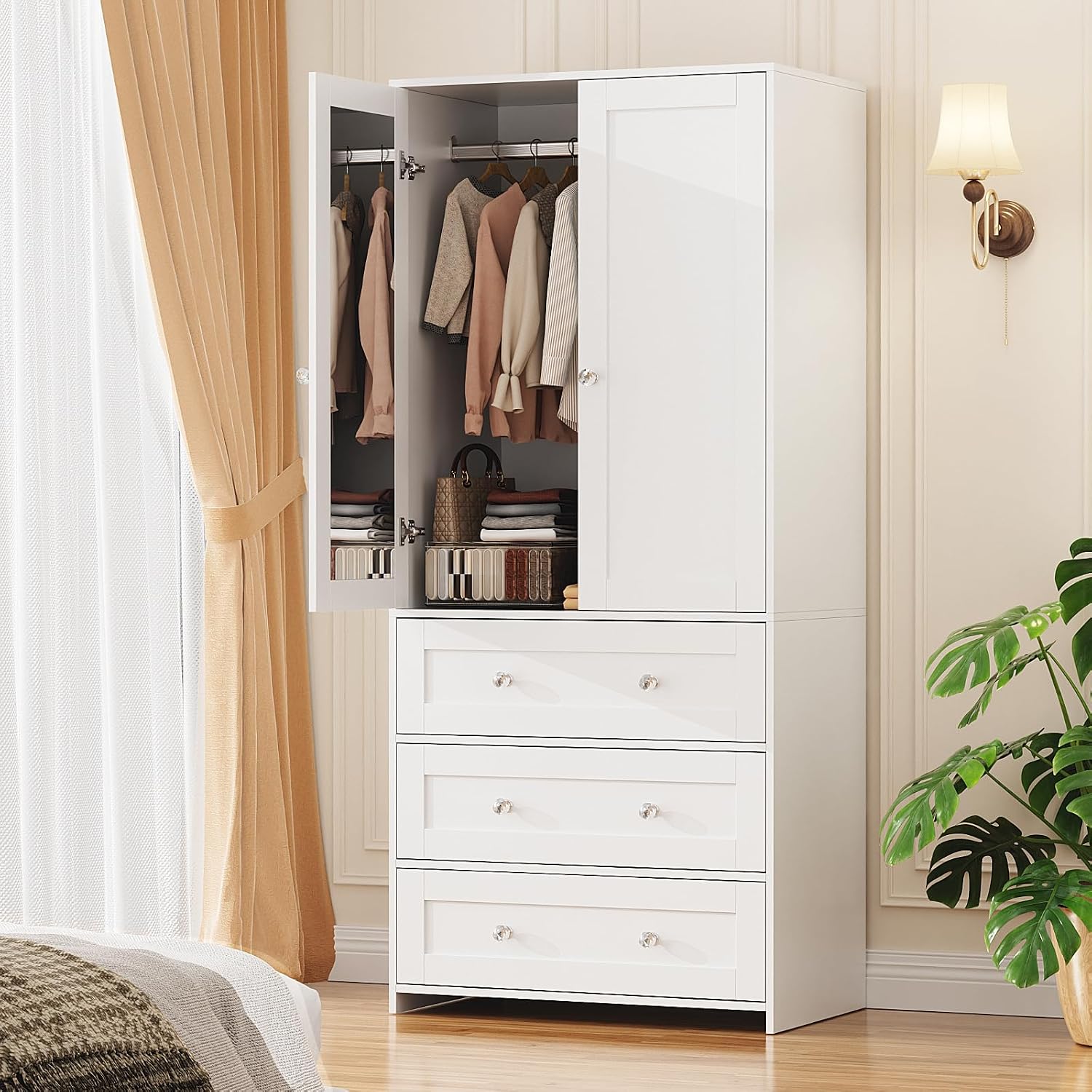 VOWNER 71" Tall Armoire Wardrobe Closet with Drawers and Mirror | Clothing Storage Cabinet with Hanging Rod, 2 Doors Wooden Wardrobe Cabinet for Bedroom, Large Capacity Storage (White)