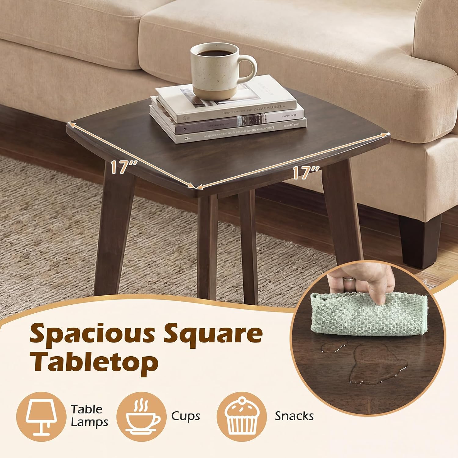 GOFLAME Solid Wood End Table, 17” Square Sofa Side Table with Storage, Thickened Top & Legs, Curved Edges, Retro, Rubber Wood Mid-Century Modern Nightstand for Living Room, Bedroom, Walnut (1)