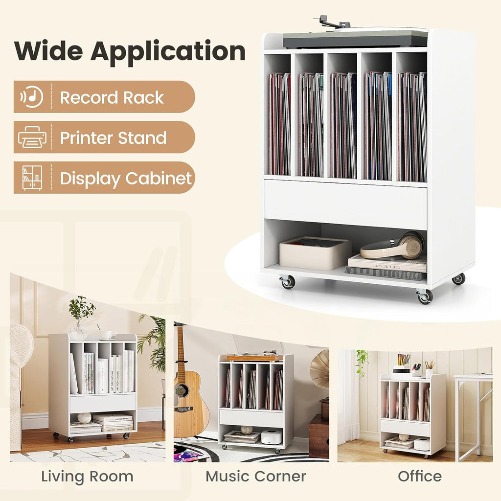 LOKO Record Player Stand On Wheels, Rolling Turntable Stand with 5 Compartments, Drawer & Open Shelf, Vinyl Display Shelf Storage Cabinet for Living Room, Bedroom, Study (White, 21" x 14")
