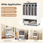 LOKO Record Player Stand On Wheels, Rolling Turntable Stand with 5 Compartments, Drawer & Open Shelf, Vinyl Display Shelf Storage Cabinet for Living Room, Bedroom, Study (White, 21" x 14")