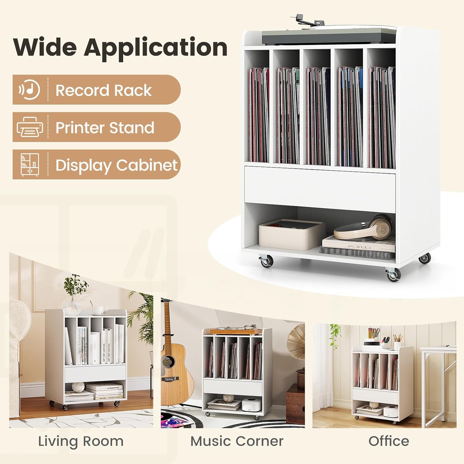 LOKO Record Player Stand On Wheels, Rolling Turntable Stand with 5 Compartments, Drawer & Open Shelf, Vinyl Display Shelf Storage Cabinet for Living Room, Bedroom, Study (White, 21" x 14")