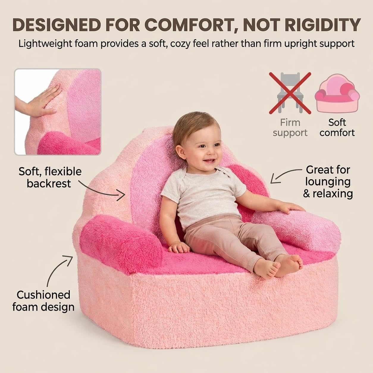 Toddler Foam Chair | Cute Pink Soft Lounge Chair for Toddler Girls Ages 1–4 | Comfy Lightweight Reading Seat for Nursery, Bedroom & Playroom Décor