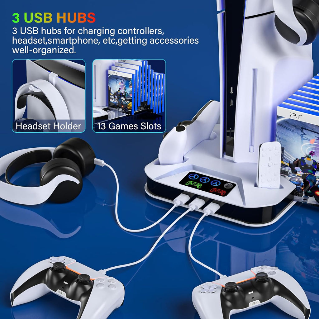 PS5/Slim/Pro Cooling Station with Controller Charging Station for Playstation Console Playstation 5 Slim&Standard Disc/Digital Console, PS5 Pro Stand Cooler Accessories Incl Cooling Fan/3 USB Hubs