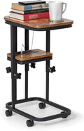 C Shaped End Table with Charging Station, Adjustable Height with Lockable Wheels & Storage Pouch, Rolling Side Table Slide Under Couch Laptop Desk, Small Sofa Table for Living Room (Small)