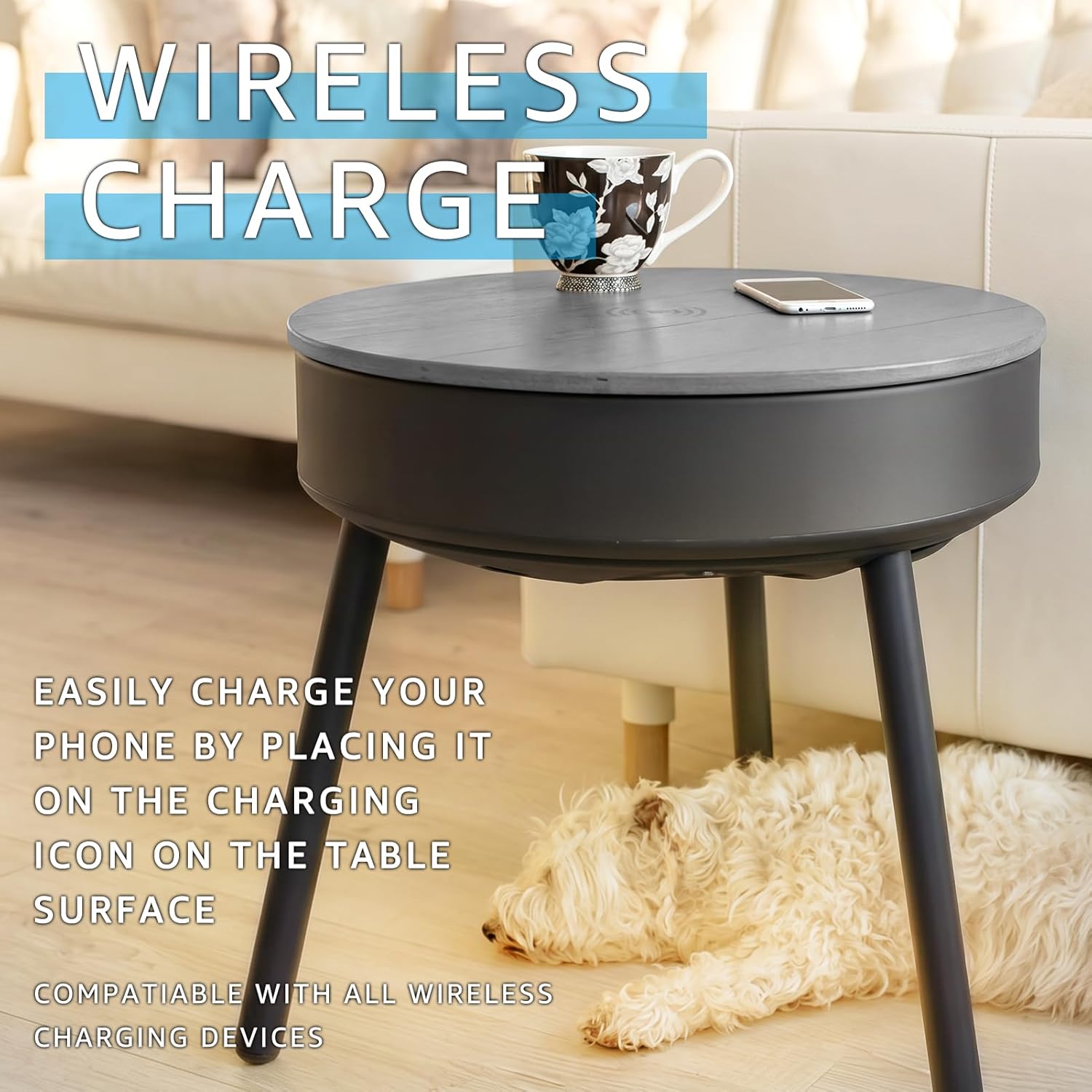 Smart Round Side Table with Charging and Smart Round Coffee Table - in Sound System, Modern Bedside Table for Nursery and Bedroom, Nightstands with Charging Station