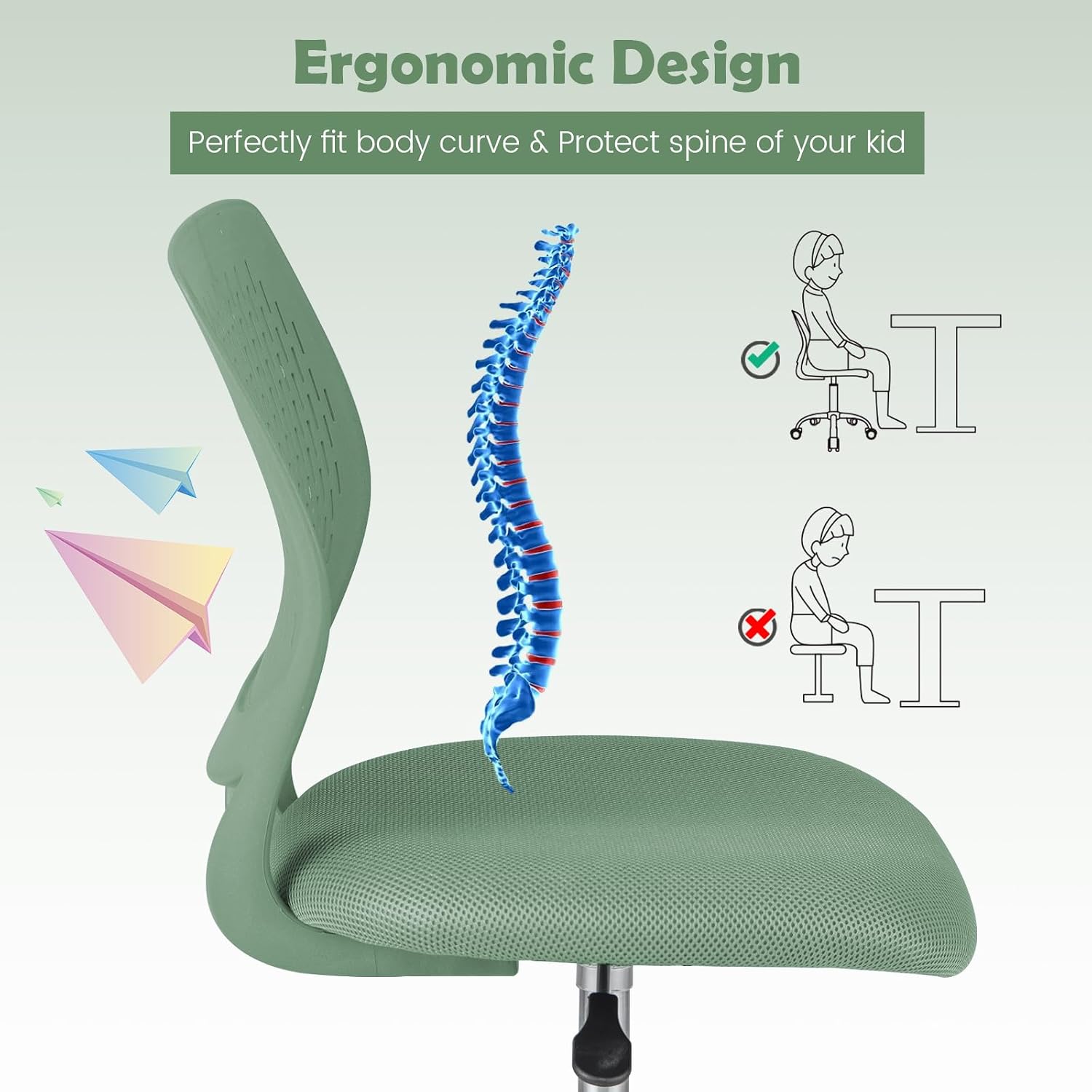 DORTALA Desk Chair for Teen, Kids Armless Swivel Small Cute Low-Back Mesh Office Chair Comfy with Adjustable Height, Lumbar Support, Ergonomic Computer Study Chair in Home Bedroom School (Sage Green)