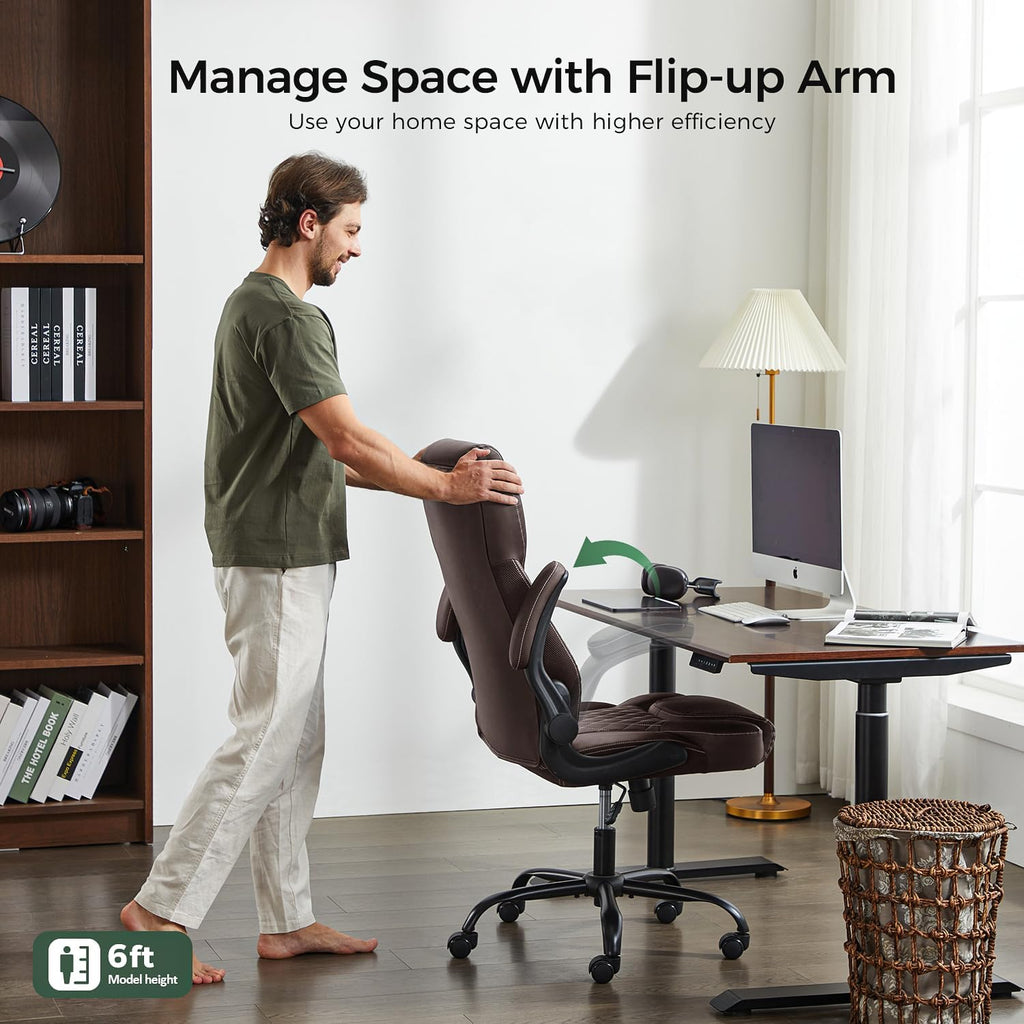 amseatec Office Chair, Executive PU Leather Chair, Ergonomic Computer Desk Chair with Lumbar Support and Adjustable Flip-Up Arms, Rocking Task Chair, Brown
