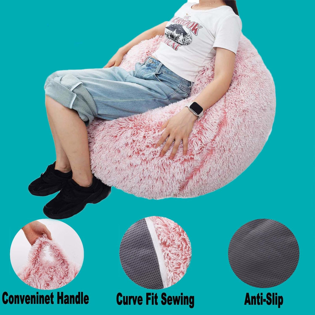 Fluffy Stuffed Animal Storage Bean Bag Chair Cover (No Filler), Faux Fur Comfy Bean Bag Cover for Organizing Plush Toys or Textile, for Adults Teens Kids Girls, Rainbow
