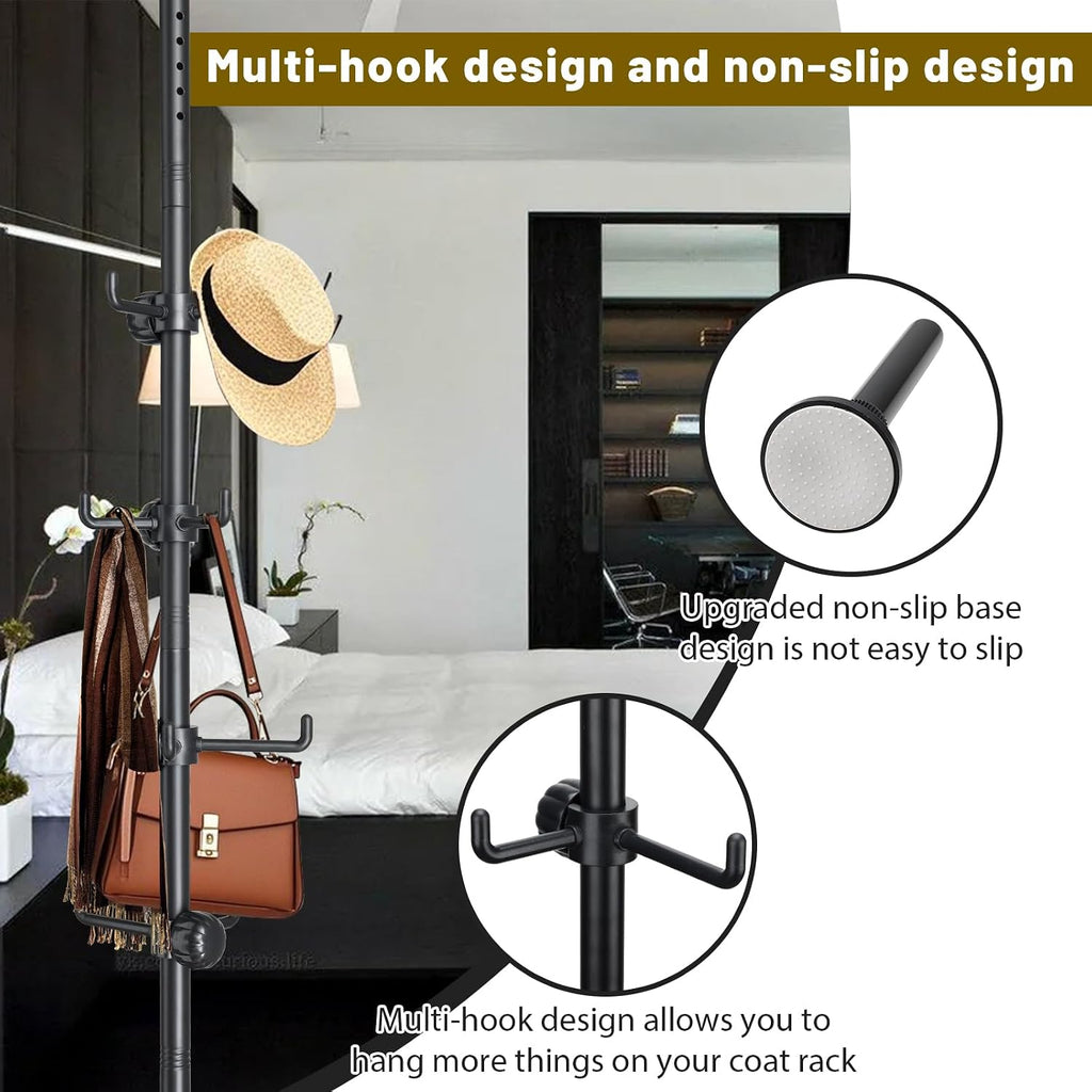 Coat Rack Freestanding,Adjustable 56-125 inch Tension Rod Coat Tree 12 Hooks Hanger Stand for Coat Hat Bedroom Livingroom Kitchen Bathroom Apartment Entryway Hall Office Black
