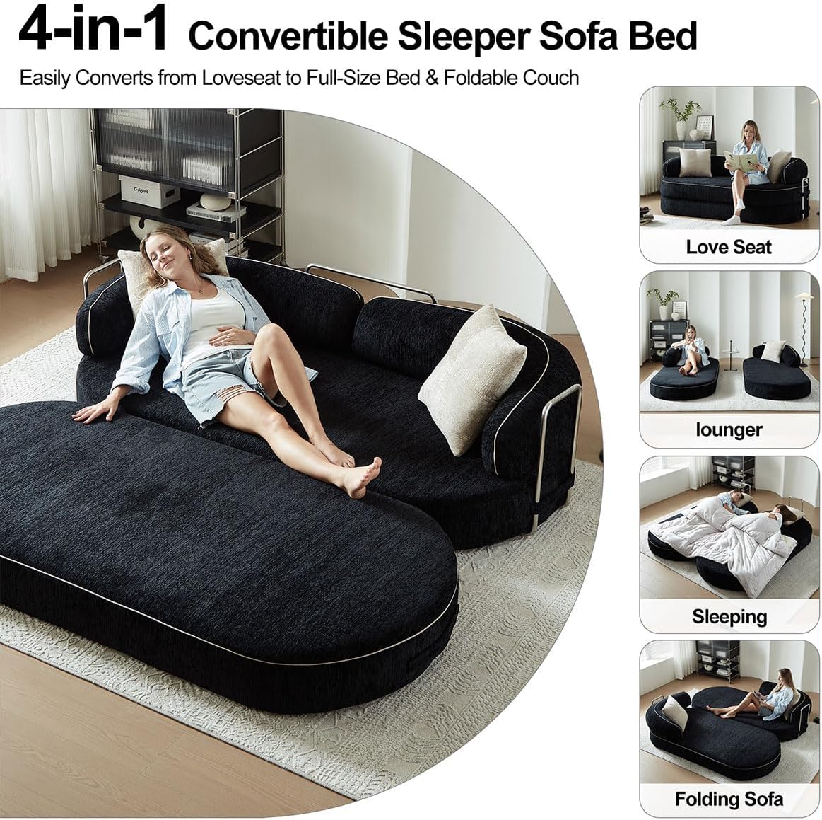 78" Convertible Sofa Couch Bed, 4-in-1 Modular Foldable Sleeper Couch No Assembly - Corduroy Futon Memory Foam Couch with Washable Covers & 2 Pillows, Compressed Boneless Couch for Living Room, Black