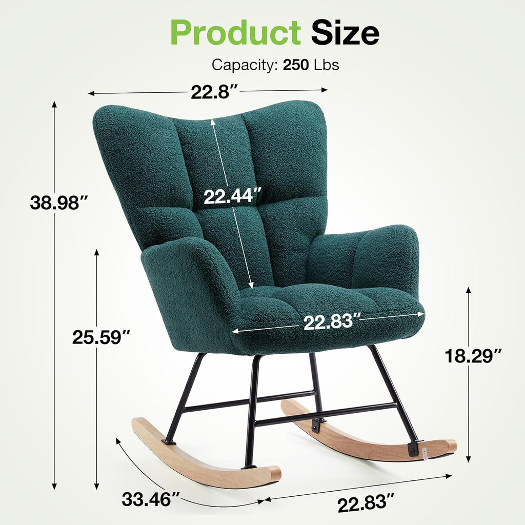 Rocking Chair Nursery Glider Recliner, Teddy Upholstered Nursing Chairs with Soft Seat Cushion Comfortable Armrests High Backrest for Bedroom Reading Living Room, Easy Assembly, Green