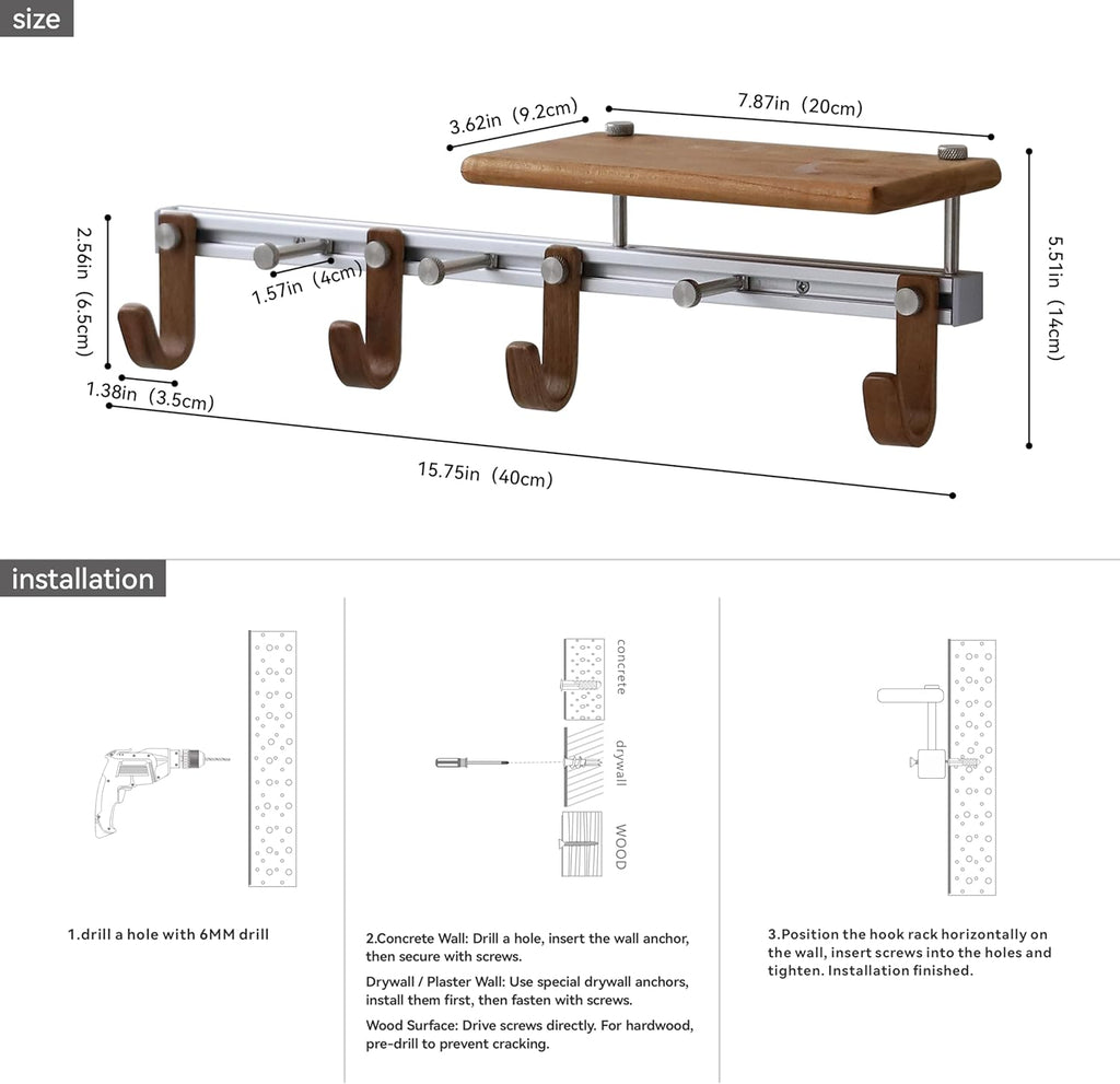 Wall Mounted Coat Rack with Shelf, Modular Entryway Hooks Organizer, Adjustable Aluminum Rail with Wooden Hooks, Expandable Storage for Entryway, Hallway, Mudroom