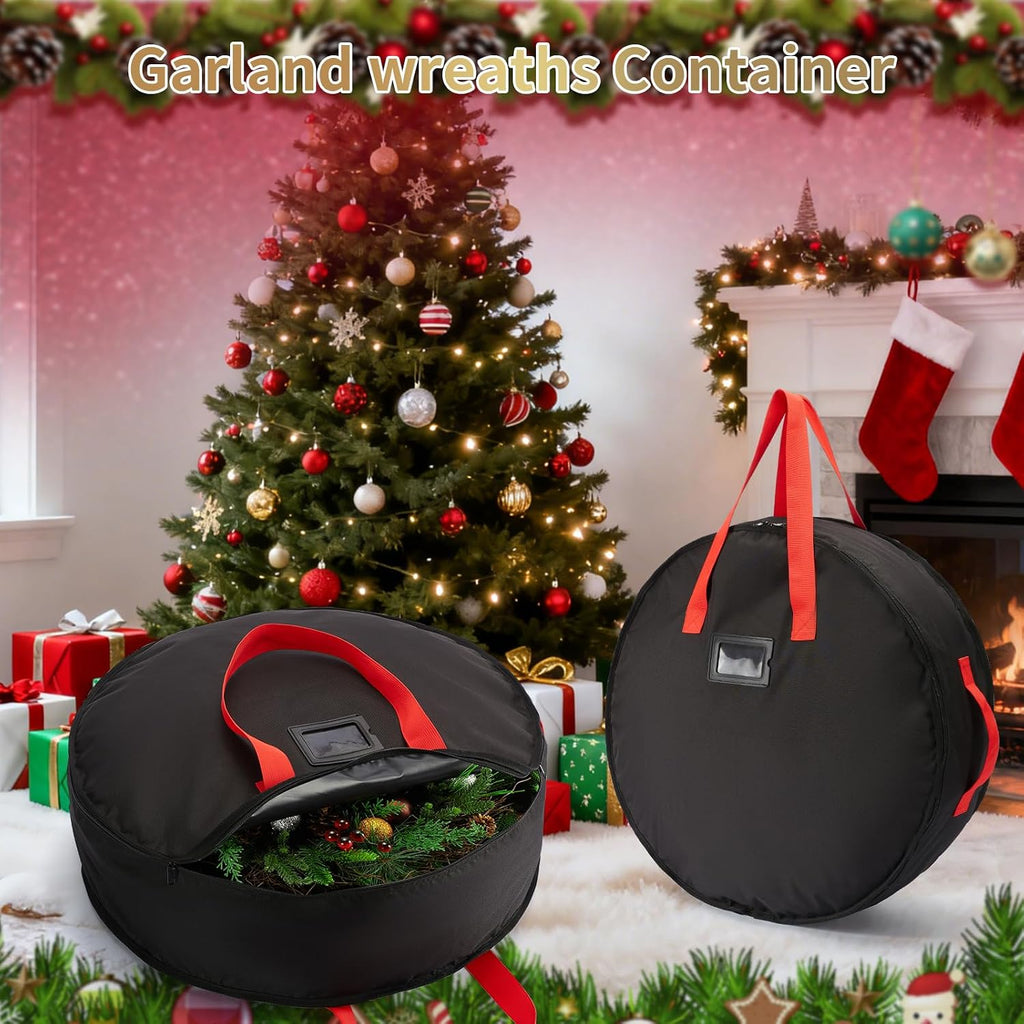 Wreath Storage Bag 24", Christmas Hanging Wreath Storage Container,Heavy-Duty Carrying Handles, Artificial Door Wreaths or Holiday Ornament Organziers,Black