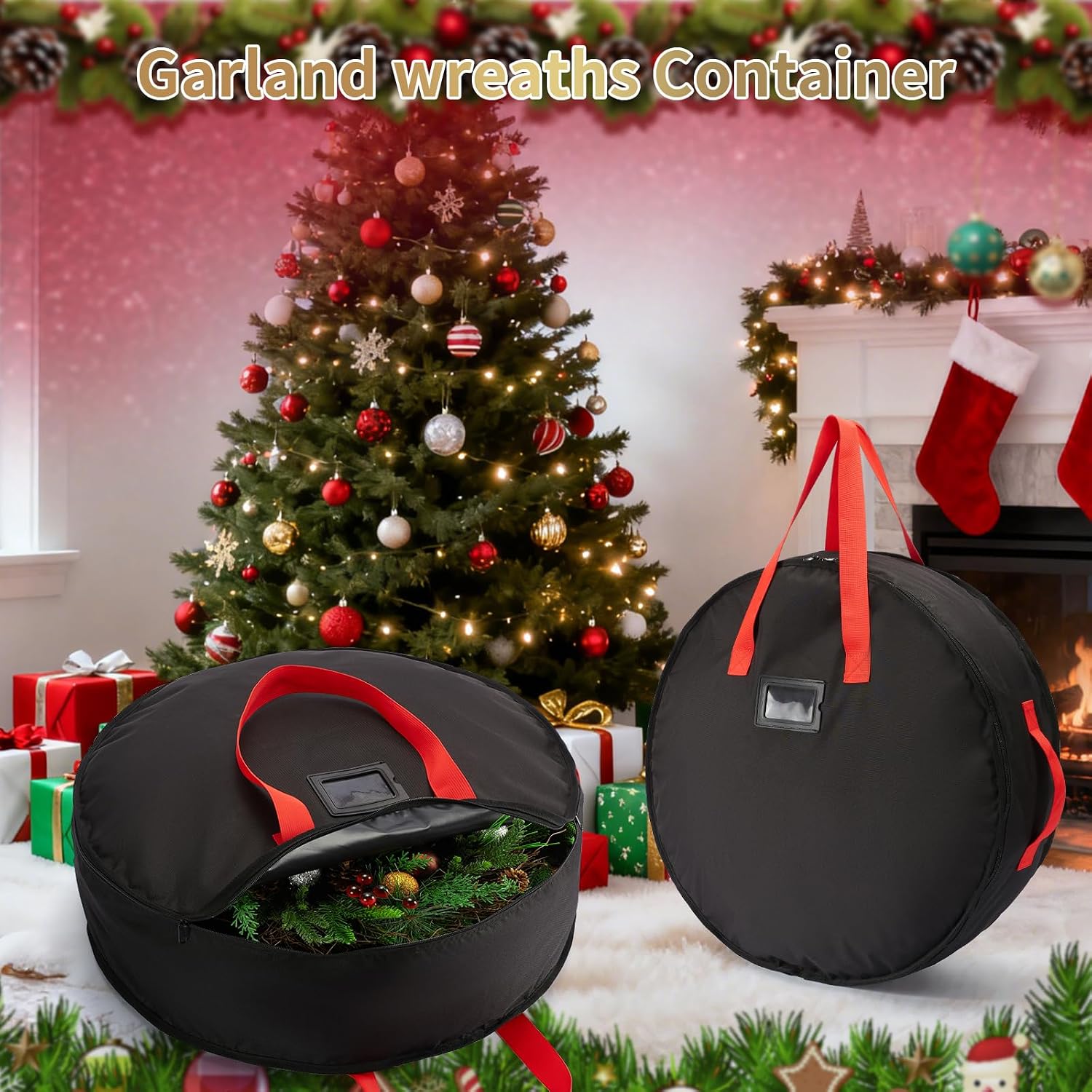 Wreath Storage Bag 24", Christmas Hanging Wreath Storage Container,Heavy-Duty Carrying Handles, Artificial Door Wreaths or Holiday Ornament Organziers,Black