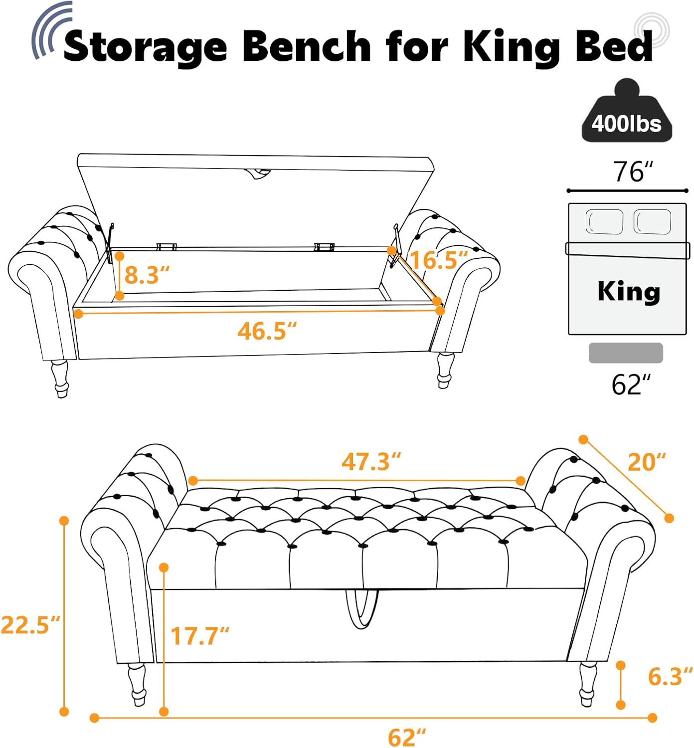 67'' End of Bed Storage Bench King Size, Storage Bench for Bedroom End of Bed, Upholstered Velvet Tufted Storage Ottoman Benches with Arms for Living Room, Entryway, Dark Blue