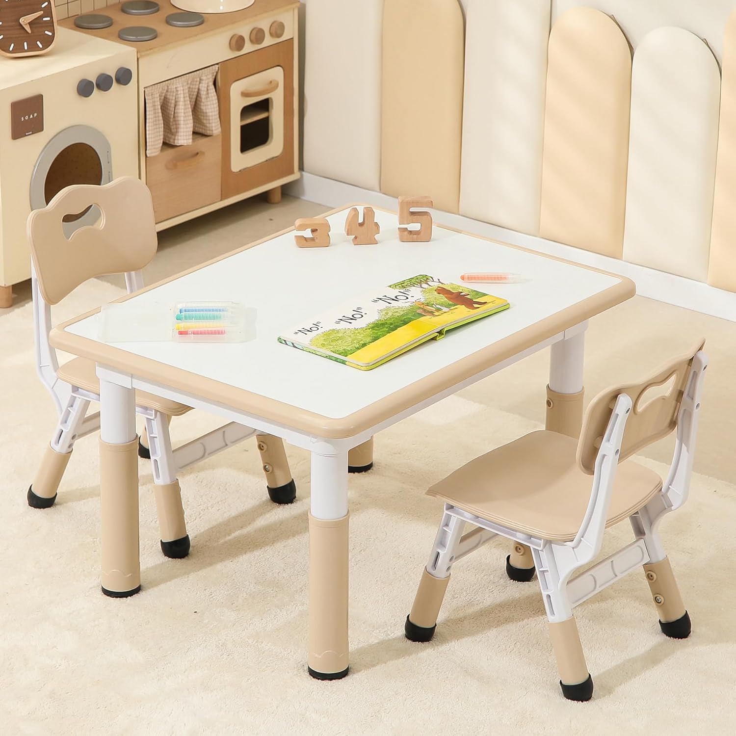 Hulaibit Toddler Table and 2 Chairs, Height-Adjustable Kids Table and Chairs Set, 31.5''L x 23.6''W Children Activity Table for Boys and Girls Aged 3-8