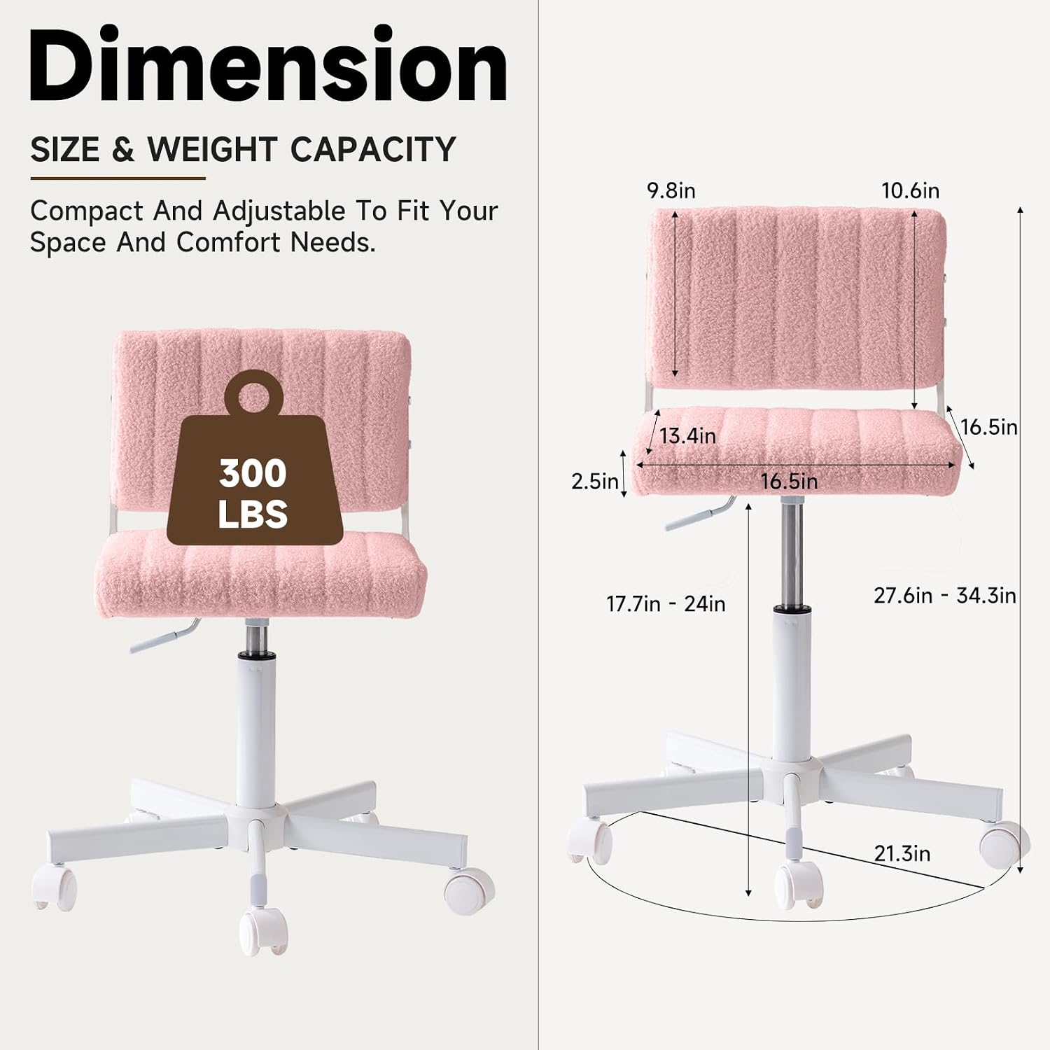 Office Chair Vanity Chair with Wheels, Comfy Small Desk Chair Vanity Chair with Back, Cute Teddy Armless Adjustable Swivel Chair for Bedroom Home Computer Task, Pink
