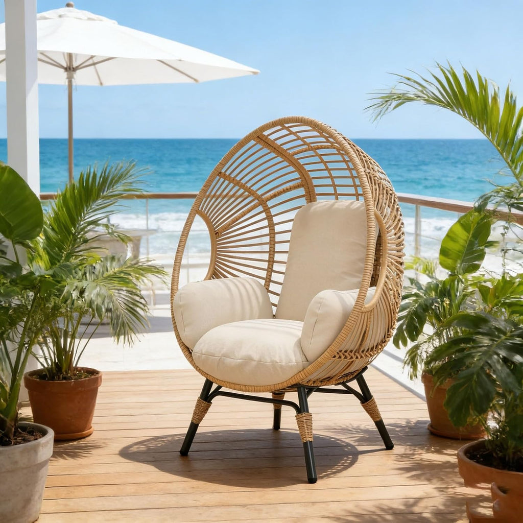 Egg Chair Outdoor Indoor Wicker, 8-Inch Cushion, 400lbs Capacity, Easy-Clean Removable Cover Balcony Chairs(Natural)