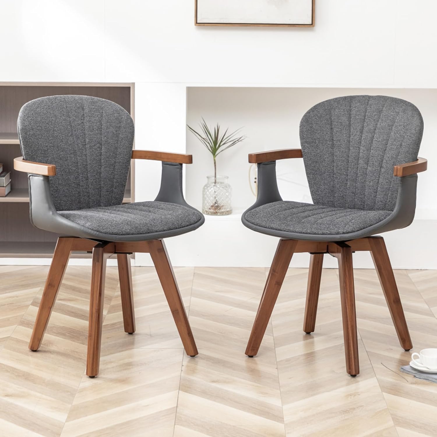 LUNLING Swivel Dining Chairs, Mid Century Modern Gray Fabric+Faux Leather Kitchen Chairs with Arms,Bamboo Legs Side Chairs No Wheels,Accent Chair for Dining Rooms and Offices,Gray Fabric,1PCS