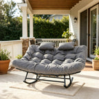 ROCSUMOO Outdoor Double Rocking Chair, Upgraded Patio Rocking Papasan Chair, Oversized Rocking Papasan Chair with Thick Water-Repellent Fabric Cushion, Comfy Rocking Chair 600 lbs (Grey)