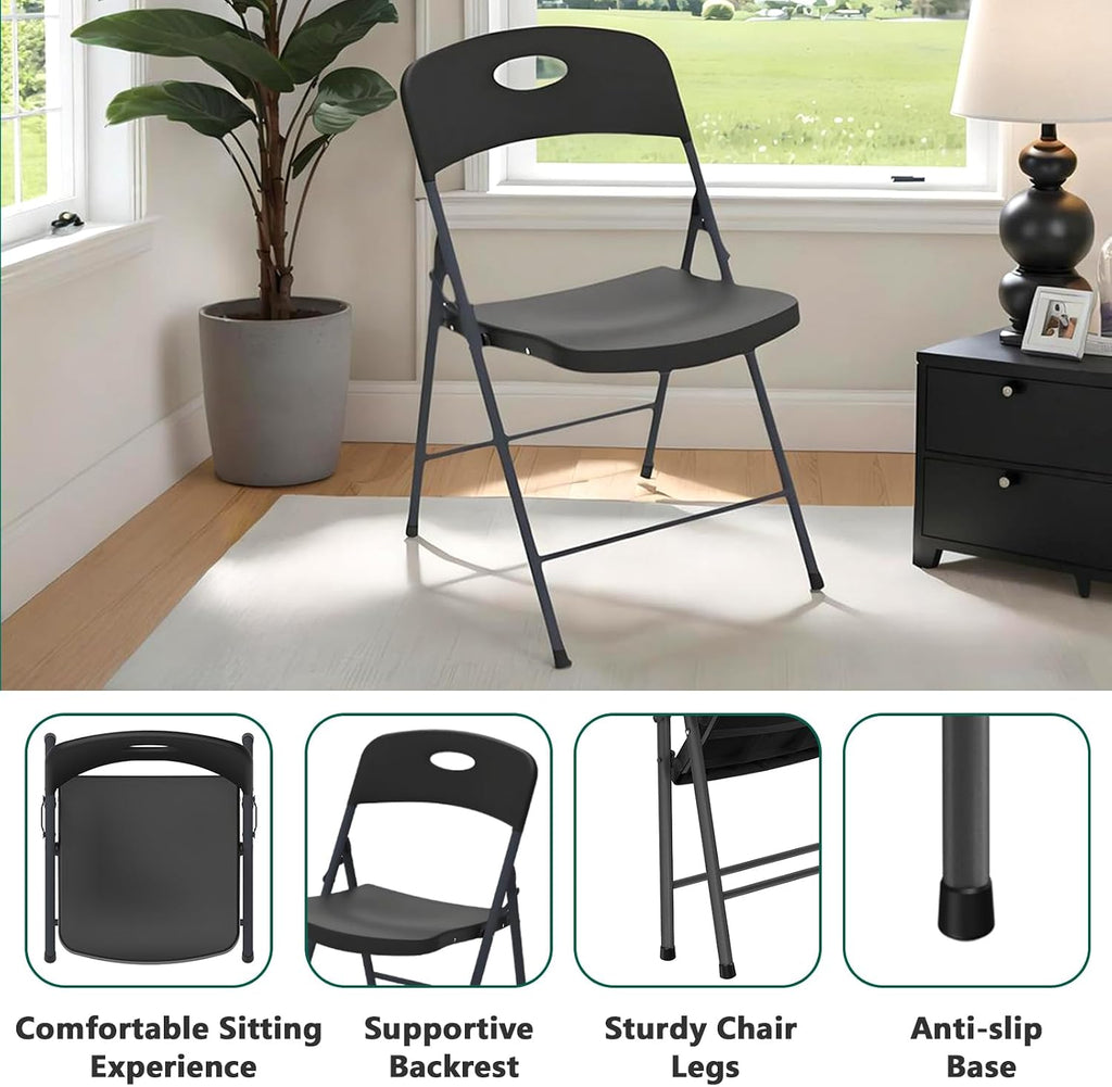 2 Pack Black Folding Chair, Plastic Portable Stackable Commercial Seats with Steel Frame 350lb, Heavy Duty Foldable Chair for Indoor and Outdoor, Patio, Office, Picnic, Kitchen, Events