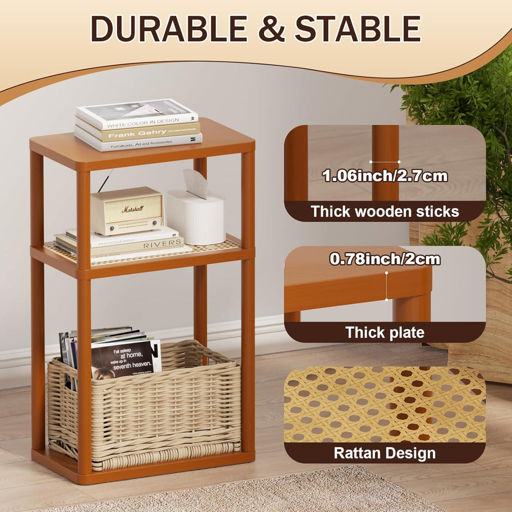 YGYQZ Rattan End Table, 3-Tier Narrow Side Table for Small Spaces, Wood Sofa Side Table Nightstand with Storage Shelves for Living Room Bedroom, Boho Slim Corner Table