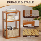 YGYQZ Rattan End Table, 3-Tier Narrow Side Table for Small Spaces, Wood Sofa Side Table Nightstand with Storage Shelves for Living Room Bedroom, Boho Slim Corner Table