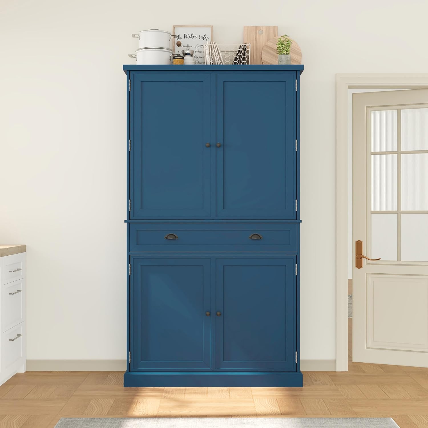 4 Doors Tall Pantry Cabinet with Adjustable Shelves and Drawer, Freestanding Cupboard with 6 Door Shelves and 3 Pull-Out Trays for Kitchen, Dining Room (Blue)