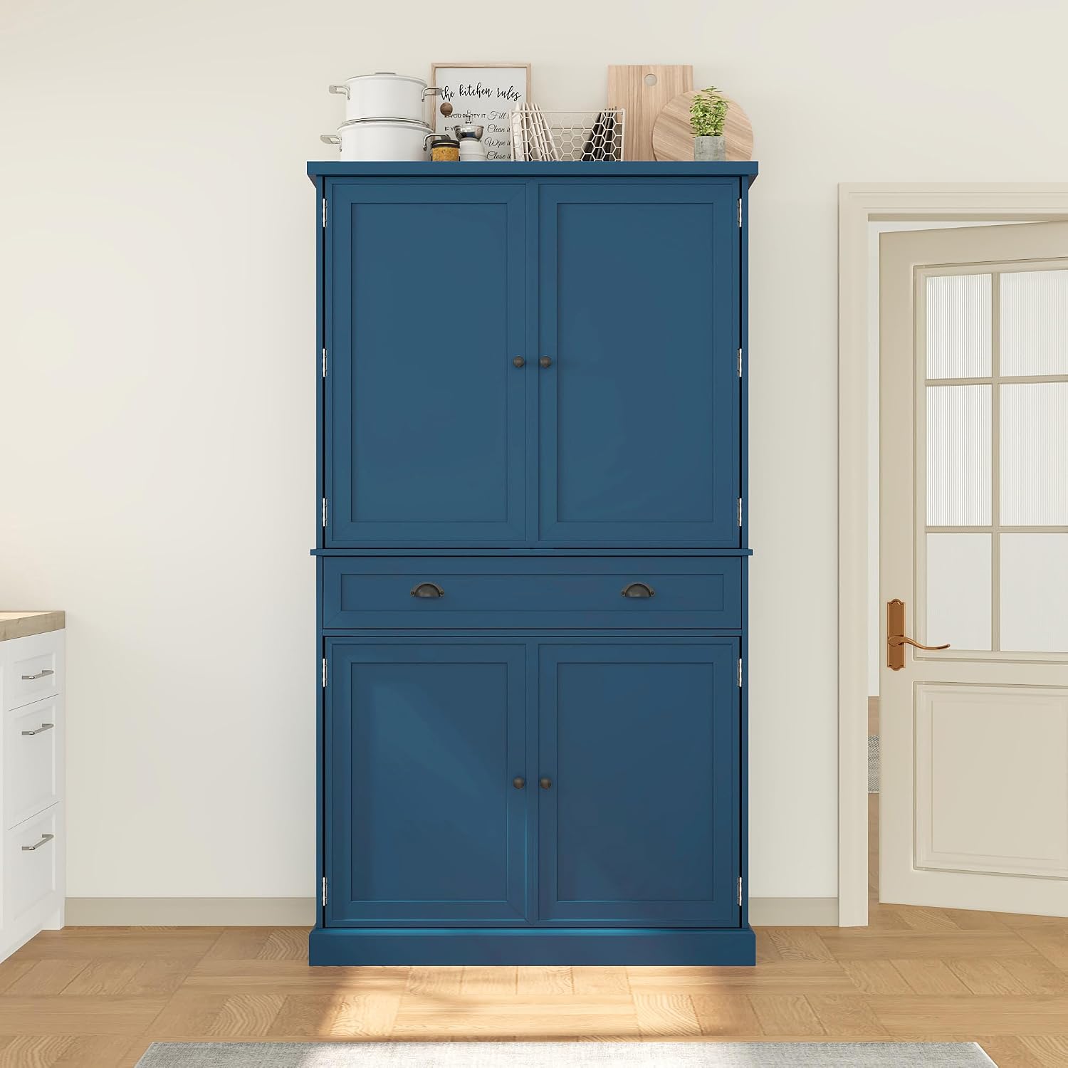 Freestanding Tall Kitchen Pantry Cabinet with 6 Door Shelves and Drawer, Wood Cupboard Storage Cabinet with Adjustable Shelves and 3 Pull-Out Trays for Dining Room, Kitchen (Blue)