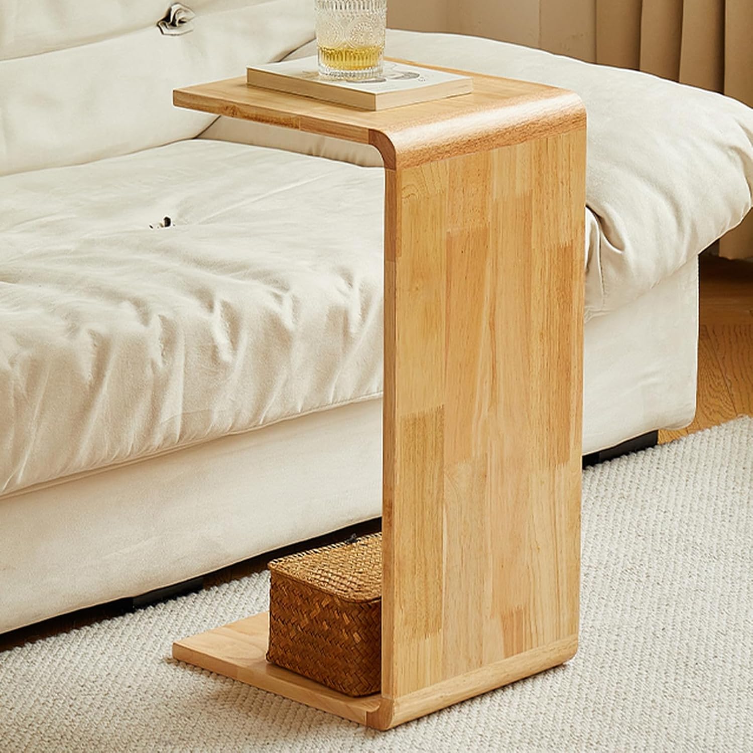 Solid Wood C Shaped Side Table for Couch, Space-Saving End Table, Narrow Snack Tray for Sofa Bed, Versatile Uses As Shoe Bench Coffee Table Footstool(11.81×13.94×25.59in, Natural Wood Color)