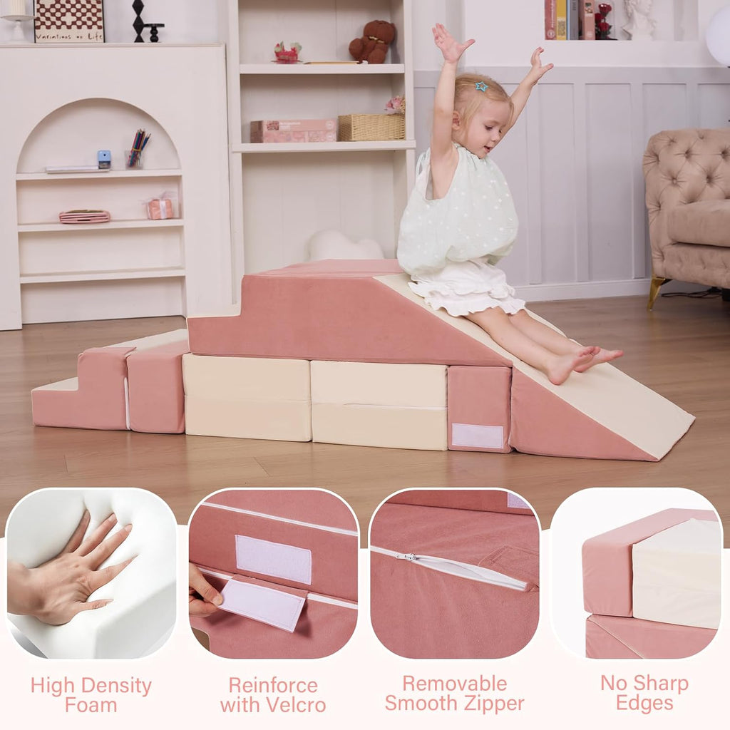 Kids Couch, Modular Toddler Couch for Playroom, Kids Sofa with Ottomans, Foam Play Blocks with Stair and Ramp, Convertible Plush Sofa, Removable Cover