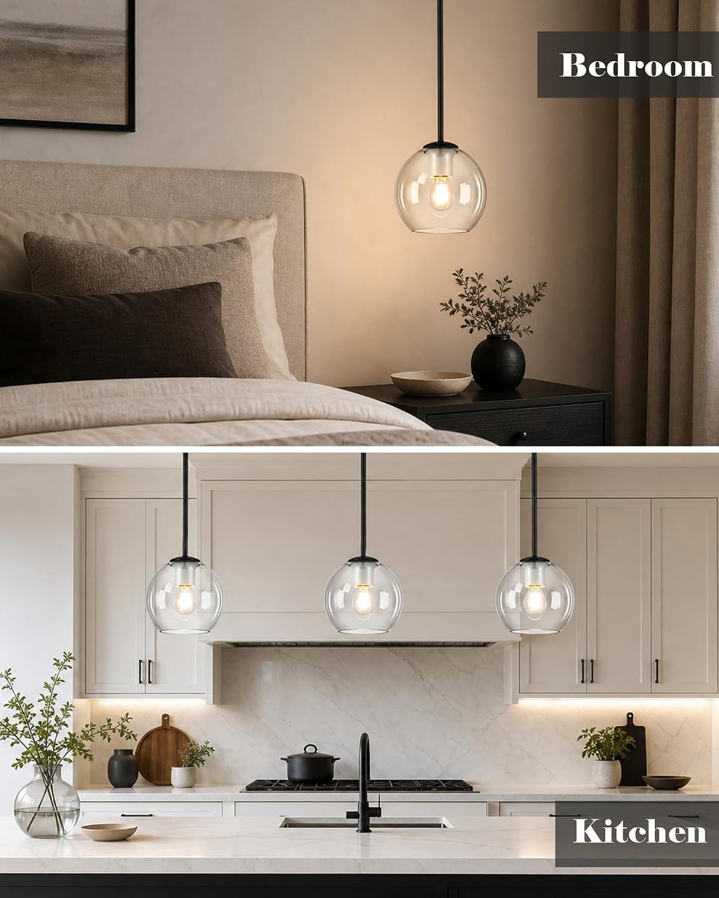BTP Modern Glass Globe Pendant Light for Kitchen Island, Black Pendant Light Fixture with Adjustable Height Rods, Sloped Ceiling Compatible Clear Glass Hanging Light, E26 Base for Dining Room Foyer