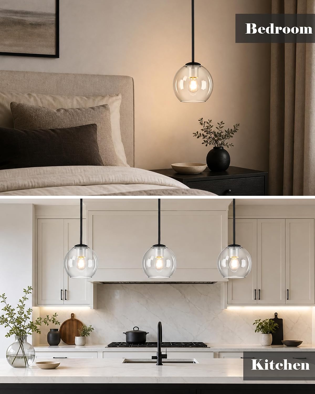 BTP Modern Glass Globe Pendant Light for Kitchen Island, Black Pendant Light Fixture with Adjustable Height Rods, Sloped Ceiling Compatible Clear Glass Hanging Light, E26 Base for Dining Room Foyer