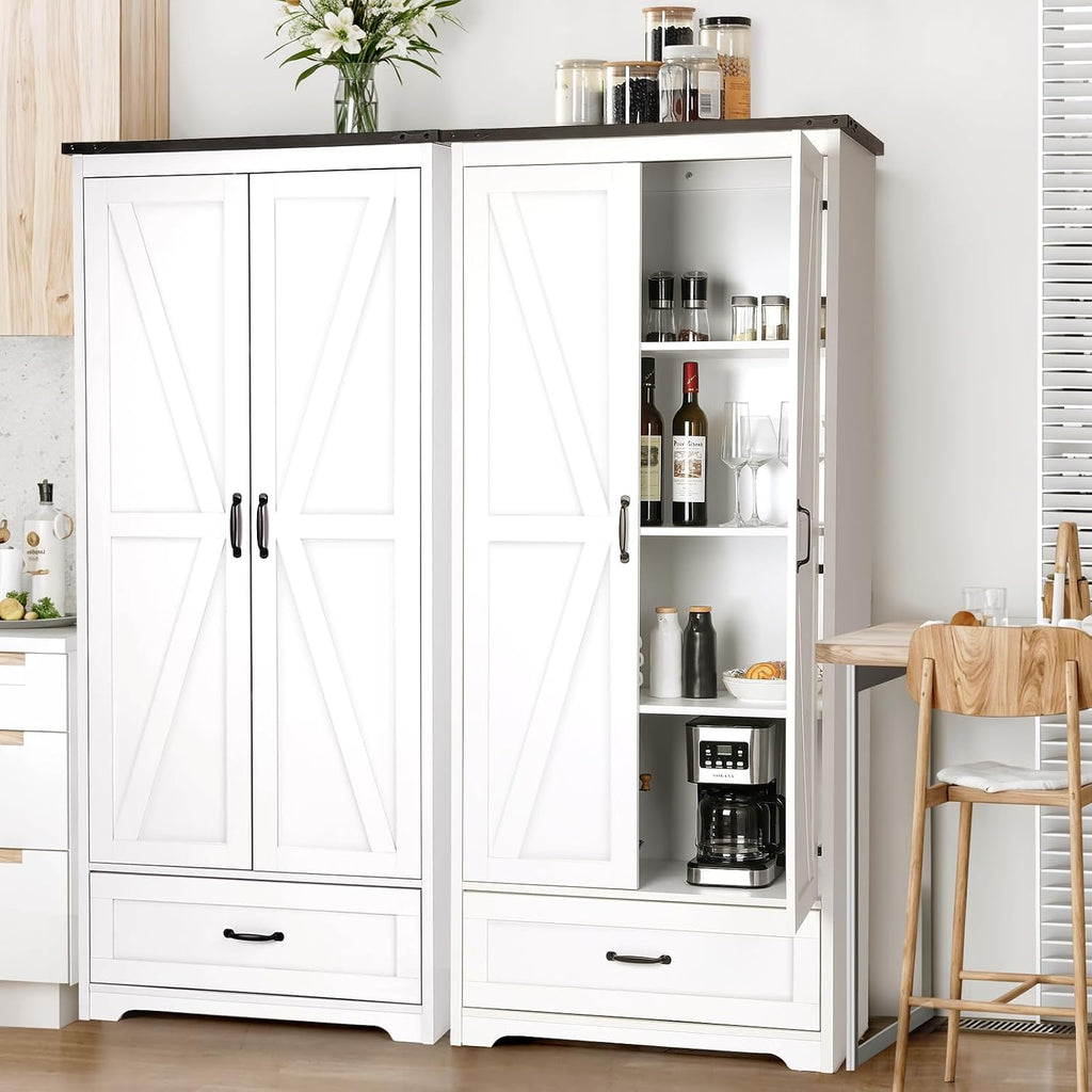 VOWNER 71" Tall Kitchen Pantry with Adjustable Shelves, Large Wood Storage Cabinet with Drawer & 2 Barn Doors, Versatile Modern Farmhouse Storage Cabinet for Kitchen, Dining Room, Living Room, White