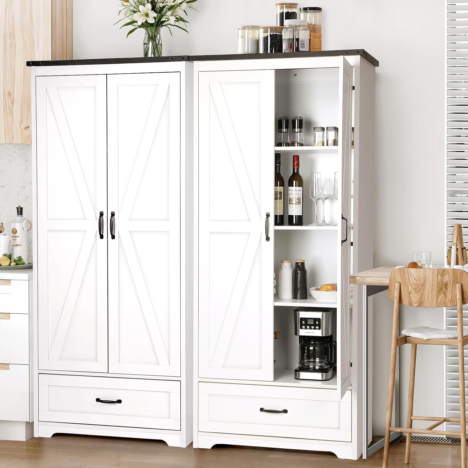 VOWNER 71" Tall Kitchen Pantry with Adjustable Shelves, Large Wood Storage Cabinet with Drawer & 2 Barn Doors, Versatile Modern Farmhouse Storage Cabinet for Kitchen, Dining Room, Living Room, White