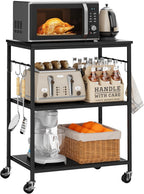 Homleke 3-Tier Rolling Kitchen Microwave Cart, Kitchen Utility Cart on Lockable Wheels, Coffee Bar Table Station with 6 S-Shaped Hooks, Small Appliance Storage Shelf, Black