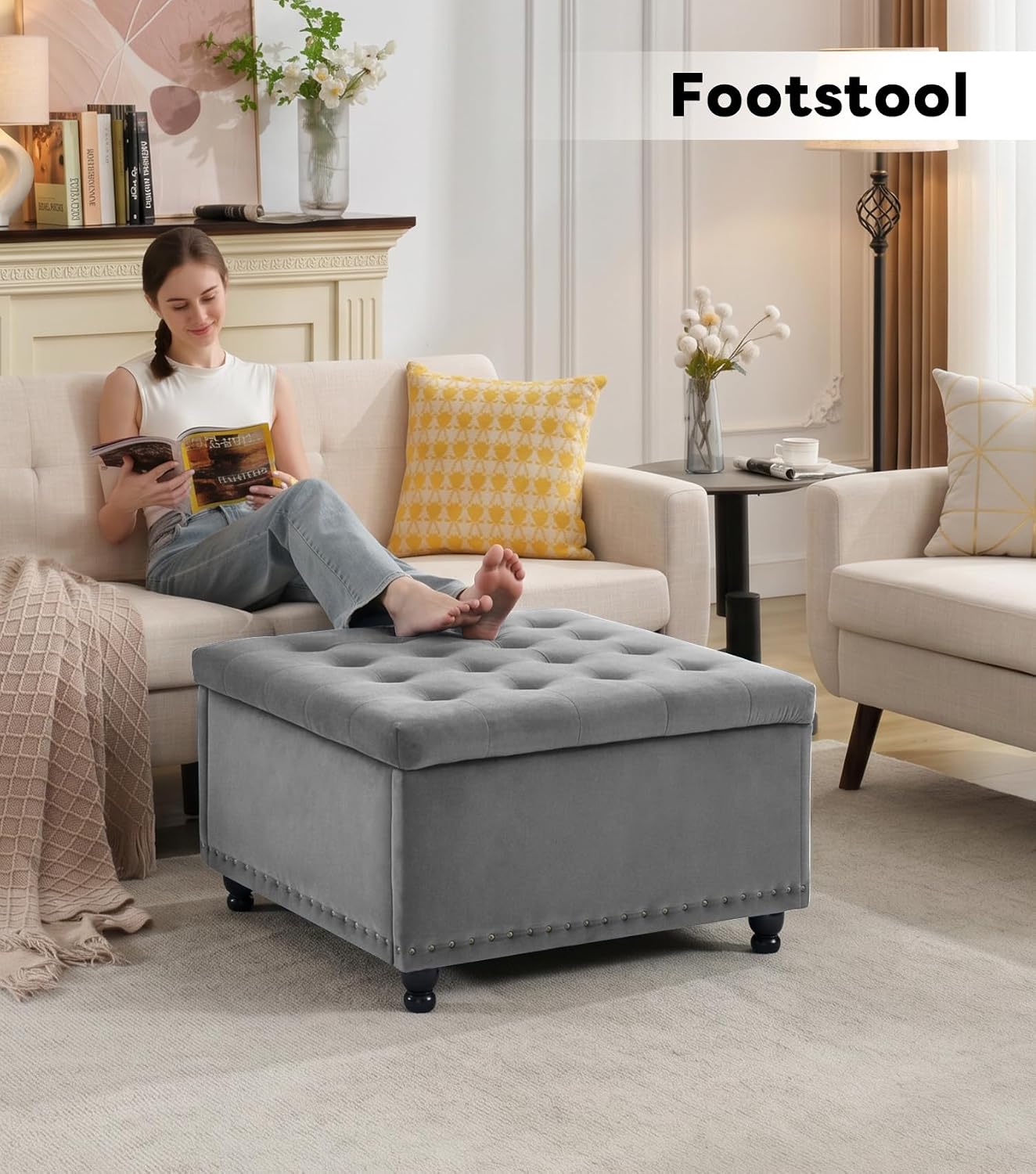 Tbfit Large Square Storage Ottoman Bench, Button Tufted Upholstered Coffee Table Ottoman with Wooden Legs, Oversized Storage Ottomans Toy Box Footrest for Living Room, Gray-Velvet