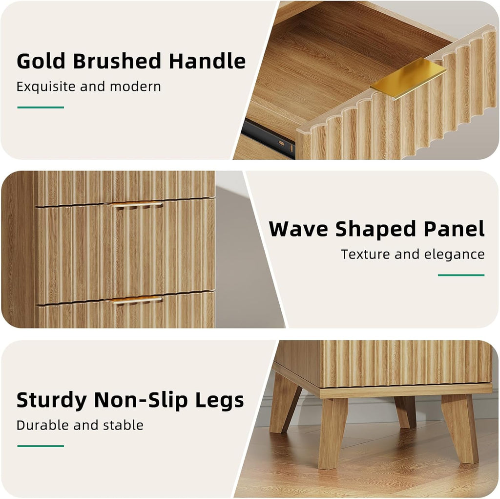 Kalrin Charging Nightstand with Hidden Outlets & 3 Drawers, Modern End Table, Bedside Table with USB Ports, Wave Groove Design, Compact Size, Heavy Duty Engineered Wood, Natural Wood Color