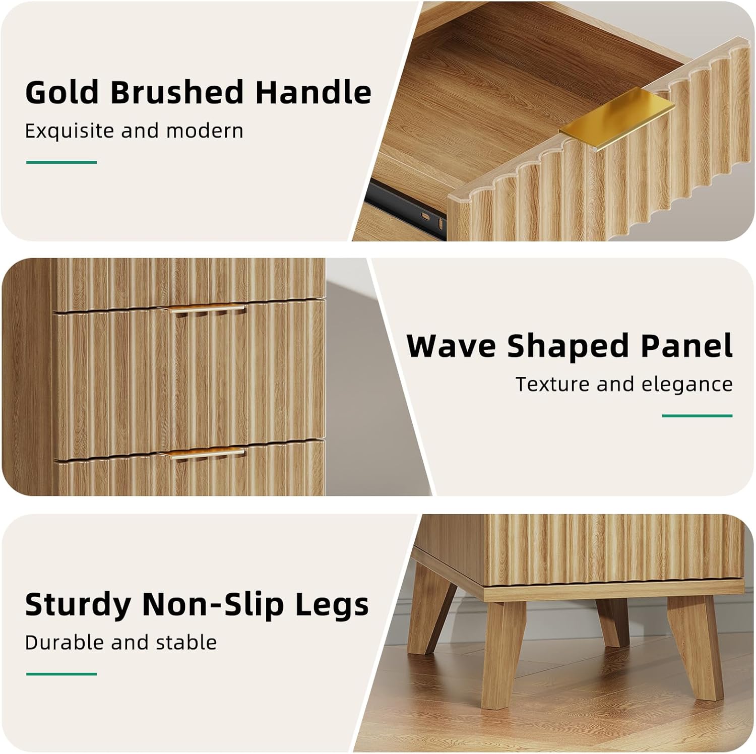 Kalrin Charging Nightstand with Hidden Outlets & 3 Drawers, Modern End Table, Bedside Table with USB Ports, Wave Groove Design, Compact Size, Heavy Duty Engineered Wood, Natural Wood Color