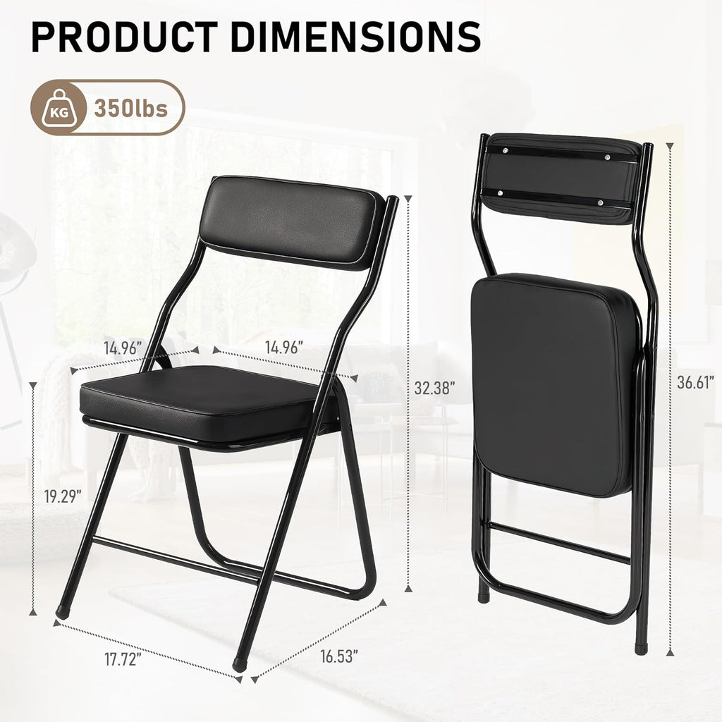 2 Pack Padded Folding Chairs with Cushion, Foldable Dining Chair Set Portable Indoor Outdoor Stackable Folding Chairs with Steel Frame for Home Office Events Wedding Party Black