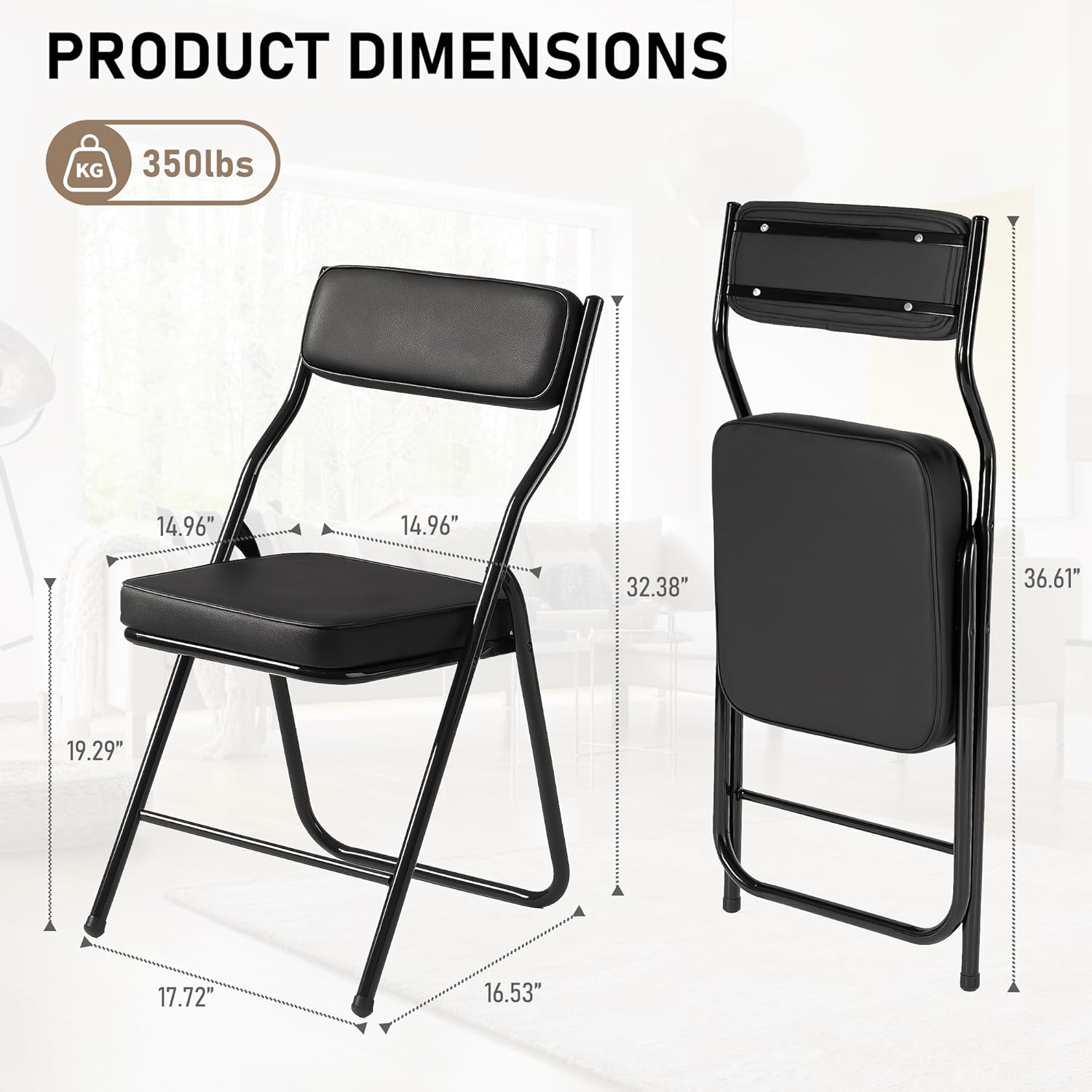 2 Pack Padded Folding Chairs with Cushion, Foldable Dining Chair Set Portable Indoor Outdoor Stackable Folding Chairs with Steel Frame for Home Office Events Wedding Party Black