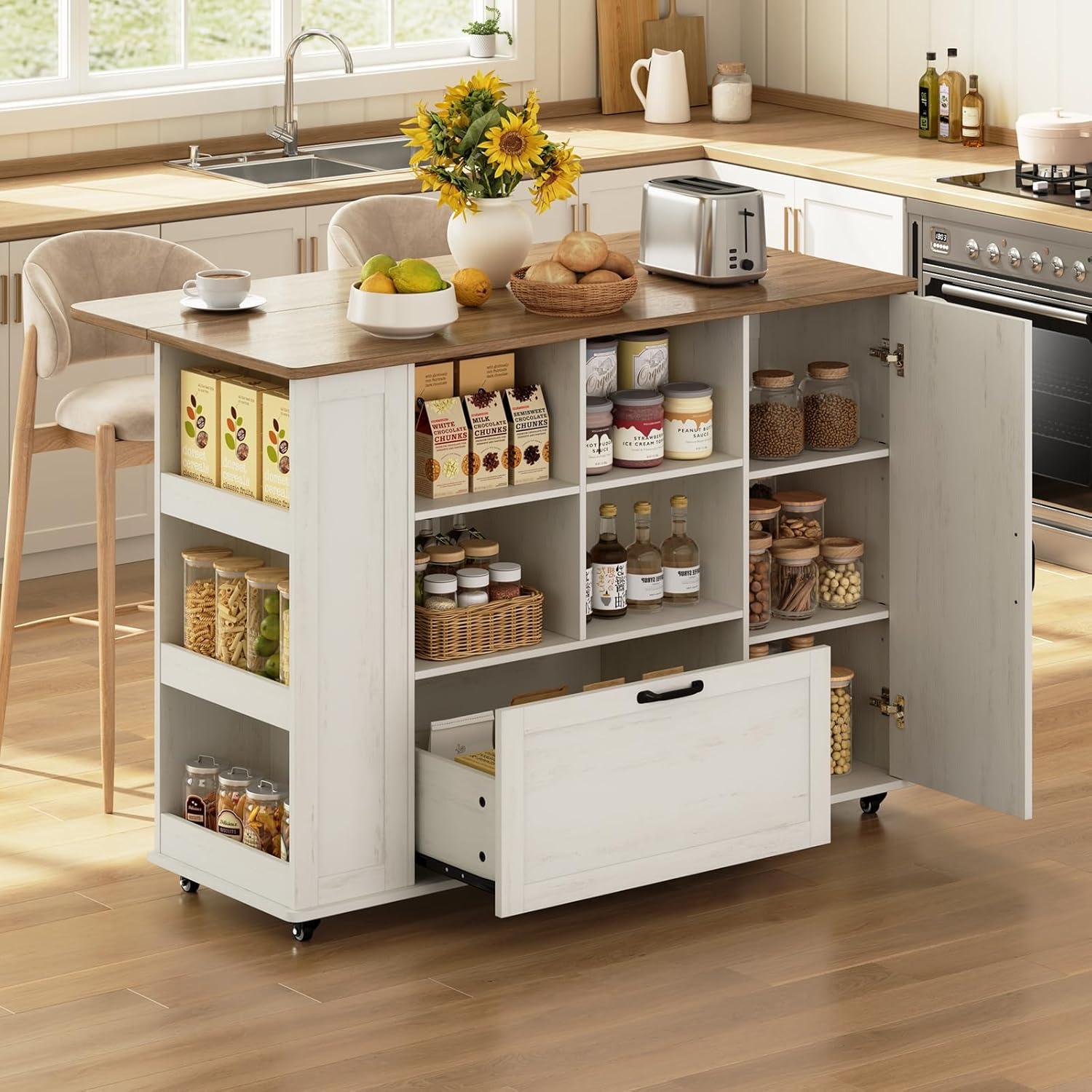 51" Kitchen Island with Storage & Drop Leaf, Farmhouse Rolling Kitchen Island on Wheels with Power Outlet, Spice Rack,Portable Island Table with Drawer & Cabinet for Kitchen, White