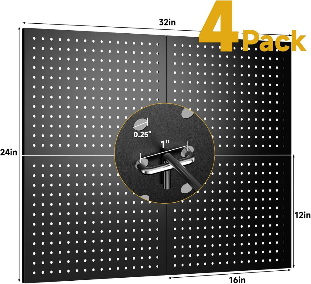 74PCS Pegboard Wall Organizer, 4 Pack Metal Pegboard Panels with 70 Hooks, 32" x 24" or 64" x 12" Black Peg Board for Walls, Garage, Craft Room, Cold-Rolled Steel